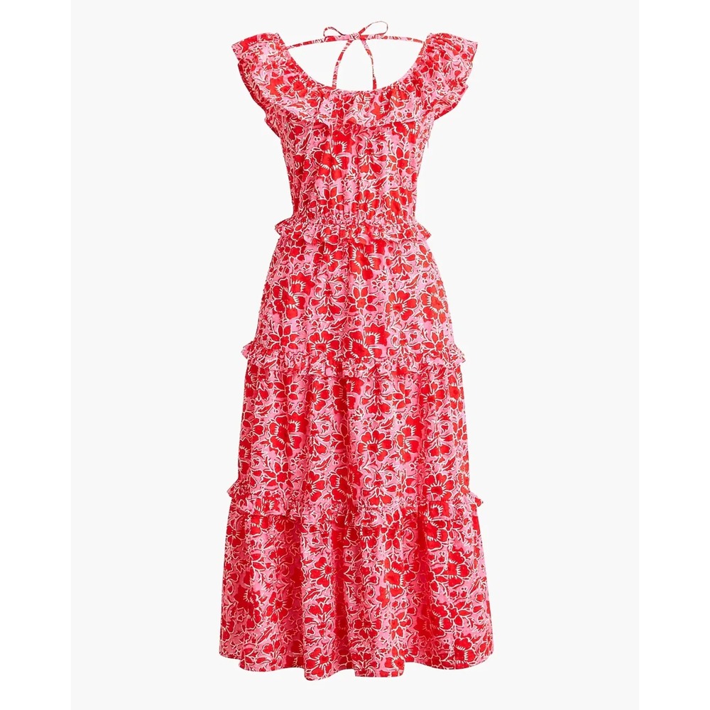 J.Crew Red Pink Floral Tiered Midi Dress Smocked Waist Ruffle Neck Size 6